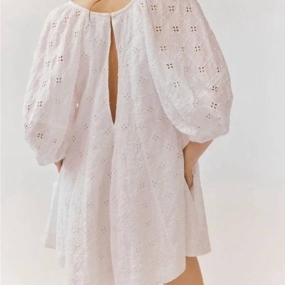 Free People Bop Around Eyelet Romper Jumpsuit Puff Sleeve White‎ NWT Size Small